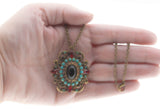 Victorian Revival - Vintage Bronzed Crystal Rhinestone & Turquoise Glass Ornate Pendant/Brooch & Chain (VP229)