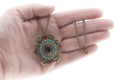 Victorian Revival - Vintage Bronzed Crystal Rhinestone & Turquoise Glass Ornate Pendant/Brooch & Chain (VP229)