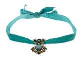 Ardent Allure - Vintage Gold Tone Art Glass Turquoise & Enamel Jewelled French Turquoise Blue Silk Velvet Ribbon Choker Necklace (VN189)