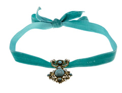 Ardent Allure - Vintage Gold Tone Art Glass Turquoise & Enamel Jewelled French Turquoise Blue Silk Velvet Ribbon Choker Necklace (VN189)