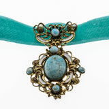 Ardent Allure - Vintage Gold Tone Art Glass Turquoise & Enamel Jewelled French Turquoise Blue Silk Velvet Ribbon Choker Necklace (VN189)