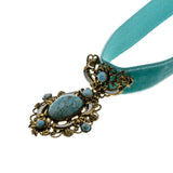 Ardent Allure - Vintage Gold Tone Art Glass Turquoise & Enamel Jewelled French Turquoise Blue Silk Velvet Ribbon Choker Necklace (VN189)