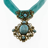 Ardent Allure - Vintage Gold Tone Art Glass Turquoise & Enamel Jewelled French Turquoise Blue Silk Velvet Ribbon Choker Necklace (VN189)