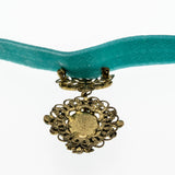 Ardent Allure - Vintage Gold Tone Art Glass Turquoise & Enamel Jewelled French Turquoise Blue Silk Velvet Ribbon Choker Necklace (VN189)