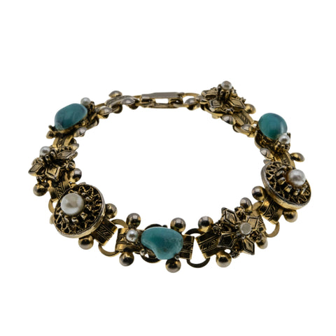 Renaissance Revival - Vintage Gold Plated Jewelled Turquoise Art Glass & Pearl Bracelet (VB104)