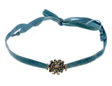 Graceful Living - Vintage Gold Tone Crystal & Glass Jewelled French Blue Silk Velvet Ribbon Choker Necklace (VN188)