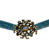 Graceful Living - Vintage Gold Tone Crystal & Glass Jewelled French Blue Silk Velvet Ribbon Choker Necklace (VN188)