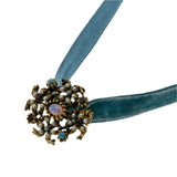 Graceful Living - Vintage Gold Tone Crystal & Glass Jewelled French Blue Silk Velvet Ribbon Choker Necklace (VN188)