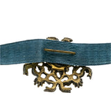 Graceful Living - Vintage Gold Tone Crystal & Glass Jewelled French Blue Silk Velvet Ribbon Choker Necklace (VN188)