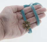 Graceful Living - Vintage Gold Tone Crystal & Glass Jewelled French Blue Silk Velvet Ribbon Choker Necklace (VN188)