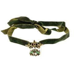 Age Of Elegance - Vintage Gold Plated Jewelled 19th Century French Silk Velvet Ribbon Choker Necklace (VN190)