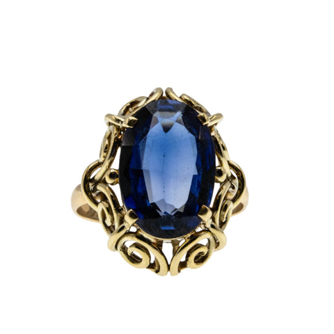 Sundays Best  - Art Deco Dated '1930' 10K Gold Synthetic Sapphire Ornate Solitaire Ring (ADR287)