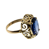 Sundays Best  - Art Deco Dated '1930' 10K Gold Synthetic Sapphire Ornate Solitaire Ring (ADR287)