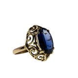 Sundays Best  - Art Deco Dated '1930' 10K Gold Synthetic Sapphire Ornate Solitaire Ring (ADR287)