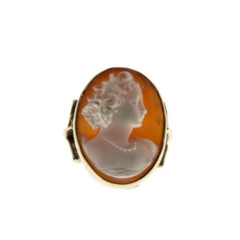 Edwardian Beauty - Edwardian English Signed Hand-Carved Conch Shell Cameo Portrait Ring (EDR074)