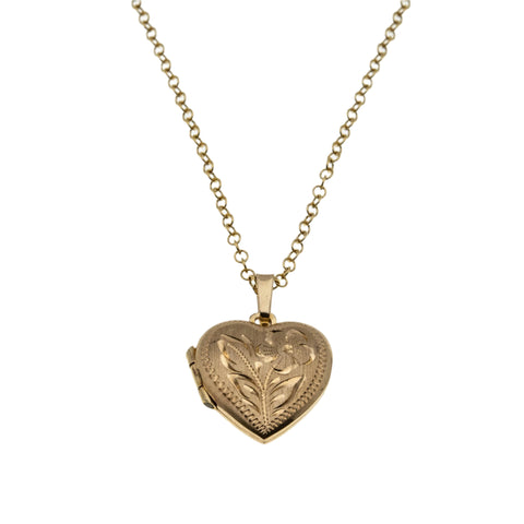 Sweetheart - Vintage 10K Gold Engraved Heart Locket Pendant & 14K Gold Fill Chain (VP232)