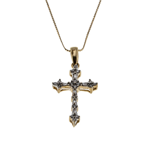 Glory - Vintage 10K Gold Baguette Diamond Cross Pendant & 14K Gold Chain (VP233)