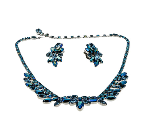 Bluer Than Blue - Vintage Signed 'Sherman' Rhodium Plate Austrian Swarovski Crystal Rhinestone Necklace & Clip-On Earring Set (VN191)