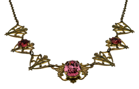 Pink Interlude - Art Deco Brass & Pink Foiled Paste Ornate Necklace (ADN077)