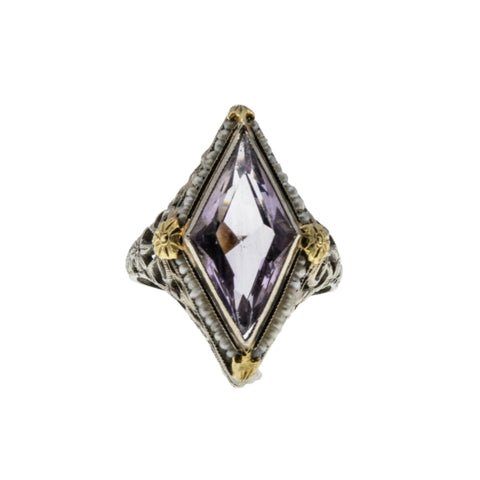 Lilac Elegance - Art Deco 14K White & Yellow Gold 'Rose De France' Amethyst & Natural Seed Pearl Filigree Ring (ADR265)