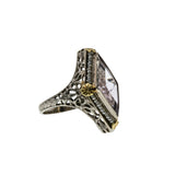 Lilac Elegance - Art Deco 14K White & Yellow Gold 'Rose De France' Amethyst & Natural Seed Pearl Filigree Ring (ADR265)