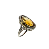 Sun Kissed - Art Deco 14K White & Yellow Gold Citrine & Natural Seed Pearl Filigree Ring (ADR266)