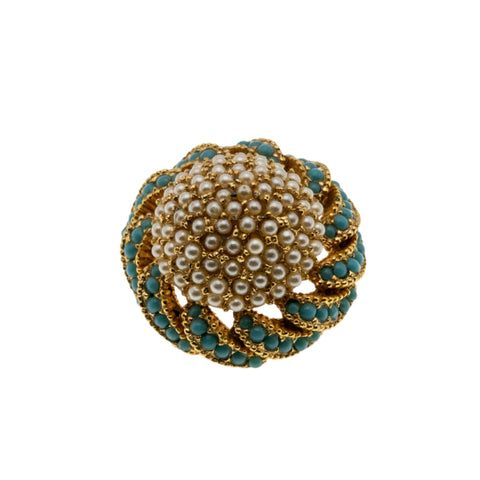 Sea & Sky - Vintage Gold Plated Turquoise & Pearl Brooch (VBR261)