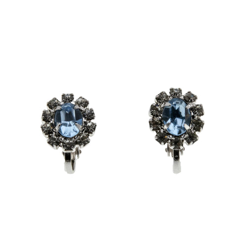 Blue Sky - Vintage Rhodium Plate Blue & White Crystal Rhinestone Cluster Clip-On Earrings (VE424)