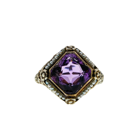 Lilacs & Pearls - Art Deco 14K White & Yellow Gold Natural Amethyst & Pearl "Forget-Me-Not' Filigree Ring (ADR268)