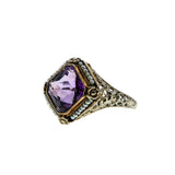 Lilacs & Pearls - Art Deco 14K White & Yellow Gold Natural Amethyst & Pearl "Forget-Me-Not' Filigree Ring (ADR268)