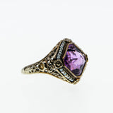 Lilacs & Pearls - Art Deco 14K White & Yellow Gold Natural Amethyst & Pearl "Forget-Me-Not' Filigree Ring (ADR268)