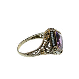 Lilacs & Pearls - Art Deco 14K White & Yellow Gold Natural Amethyst & Pearl "Forget-Me-Not' Filigree Ring (ADR268)