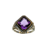 Lilacs & Pearls - Art Deco 14K White & Yellow Gold Natural Amethyst & Pearl "Forget-Me-Not' Filigree Ring (ADR268)