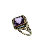 Lilacs & Pearls - Art Deco 14K White & Yellow Gold Natural Amethyst & Pearl "Forget-Me-Not' Filigree Ring (ADR268)