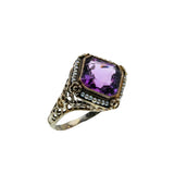 Lilacs & Pearls - Art Deco 14K White & Yellow Gold Natural Amethyst & Pearl "Forget-Me-Not' Filigree Ring (ADR268)