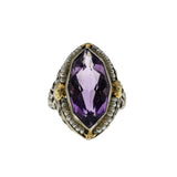 Plums & Violets - Art Deco 14K White & yellow Gold Natural Amethyst & Pearl 'Forget-Me-Knot' Filigree Ring (ADR269)