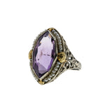 Plums & Violets - Art Deco 14K White & yellow Gold Natural Amethyst & Pearl 'Forget-Me-Knot' Filigree Ring (ADR269)