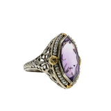 Plums & Violets - Art Deco 14K White & yellow Gold Natural Amethyst & Pearl 'Forget-Me-Knot' Filigree Ring (ADR269)