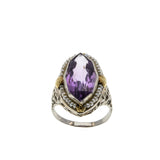 Plums & Violets - Art Deco 14K White & yellow Gold Natural Amethyst & Pearl 'Forget-Me-Knot' Filigree Ring (ADR269)