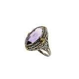 Plums & Violets - Art Deco 14K White & yellow Gold Natural Amethyst & Pearl 'Forget-Me-Knot' Filigree Ring (ADR269)