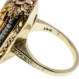 Golden Days - Art Deco 14K Yellow & Rose Gold Natural Citrine & Pearl 'Forget-Me-Knot' Filigree Ring (ADR270)