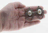 Vintage Elegance - Vintage Rhodium Plate Mabé Pearl & Crystal Rhinestone Dangly Earrings (VE428)