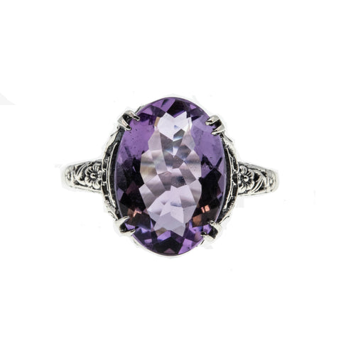 Lilacs & Lace - Estate Sterling Silver Natural Amethyst Floral Filigree Ring (ER247)