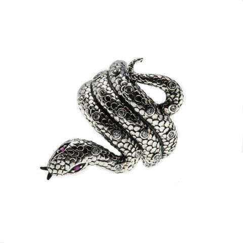 Jewelled Viper - Estate Sterling Silver Ruby & CZ Snake Ring (ER248)