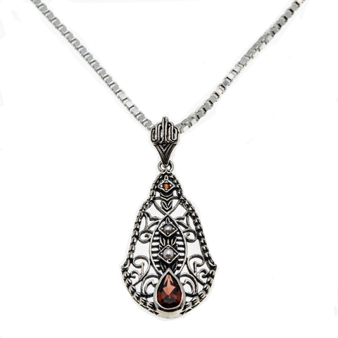 Red Sea - Estate Sterling Silver Garnet & Pearl Filigree Pendant & Chain (EP047)