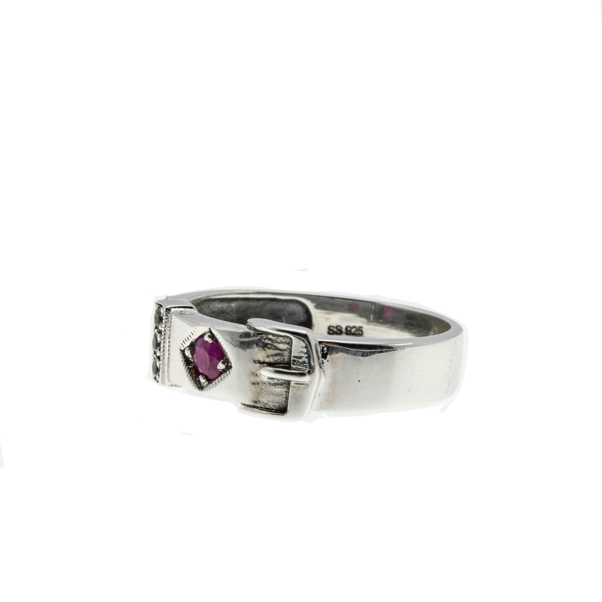 Buckle Up - Estate Sterling Silver Ruby & White Topaz Buckle Ring