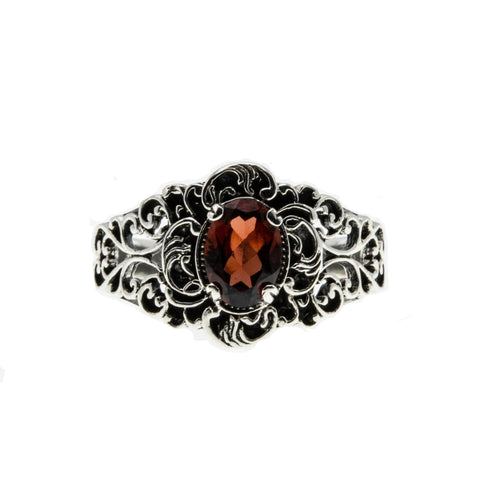 Ornate Scrolls - Estate Sterling Silver Natural Garnet Intricate Ring  (ER252)