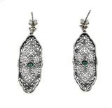 Flower Garden - Estate Sterling Silver Emerald & Pearl Filigree Dangly Earrings (EE192)