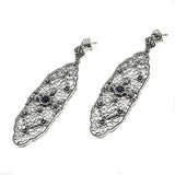 Flower Garden - Estate Sterling Silver Sapphire & Pearl Filigree Dangly Earrings (EE193)