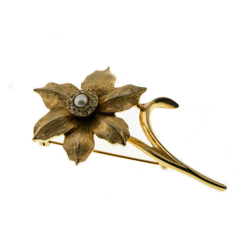 Narcissus - Vintage Marcel Boucher Gold Tone Cultured Pearl & Crystal Flower Brooch (VBR166)
